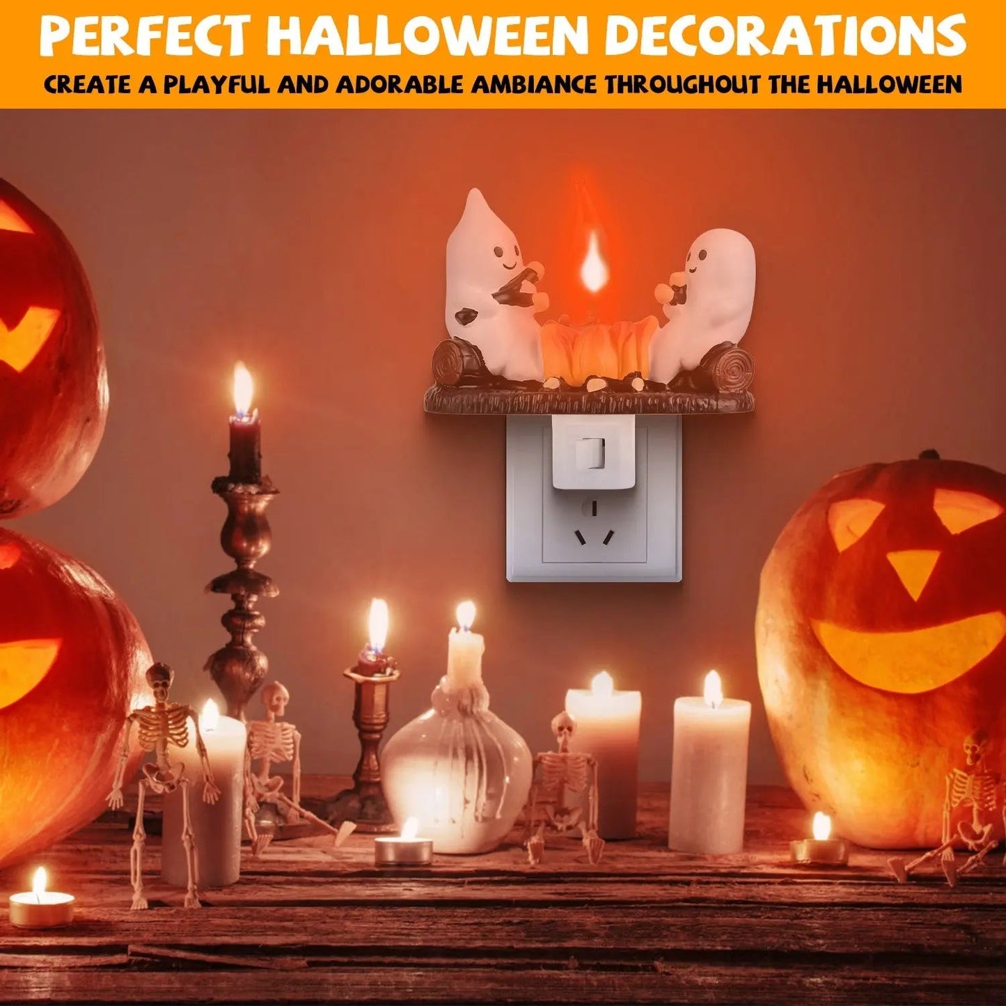 2Pcs Ghost Campfire Flickering Flame Night Light Indoor 3D Funny Halloween Nightlight Decoration Bedroom Night Light Halloween Decoration Gift For Friend Family - www.Shopthatapp.com