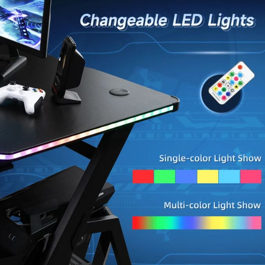 Racing Style LED Gaming Desk Office Desk Computer Table RGB Carbon Fibre Surface Headphone Hook Cup Holder Controller Rack Black - www.Shopthatapp.com