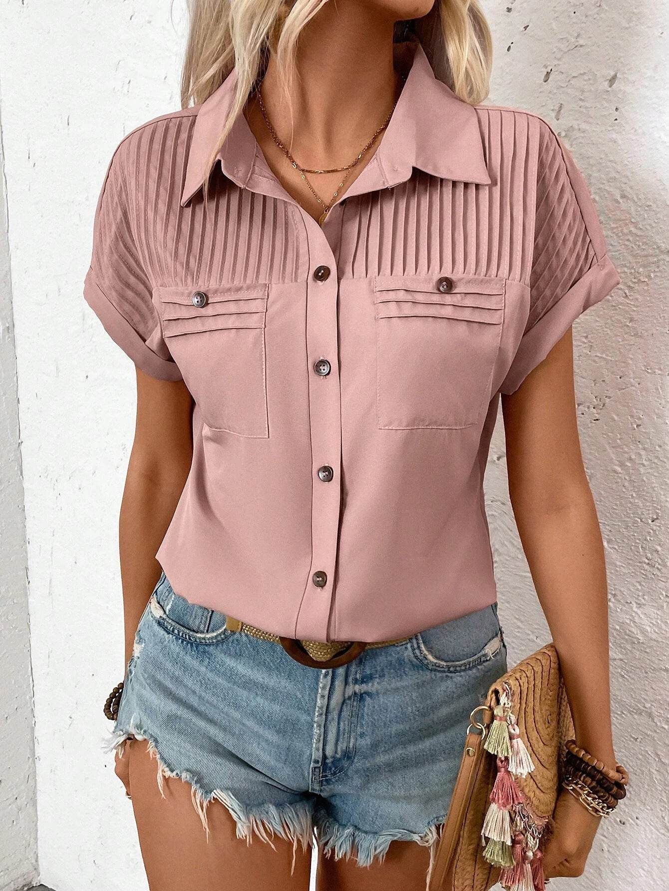 Lapel Shoulder Pleated Pocket Short Sleeve Top Shirt T-shirt Women - www.Shopthatapp.com