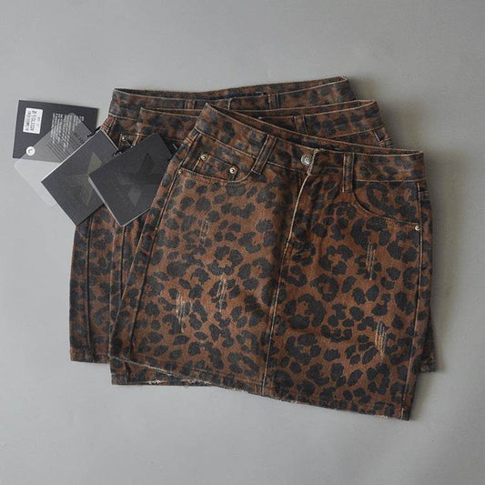 Leopard Print Mini Denim Skirt Women's High Waist Pencil Skirt - www.Shopthatapp.com