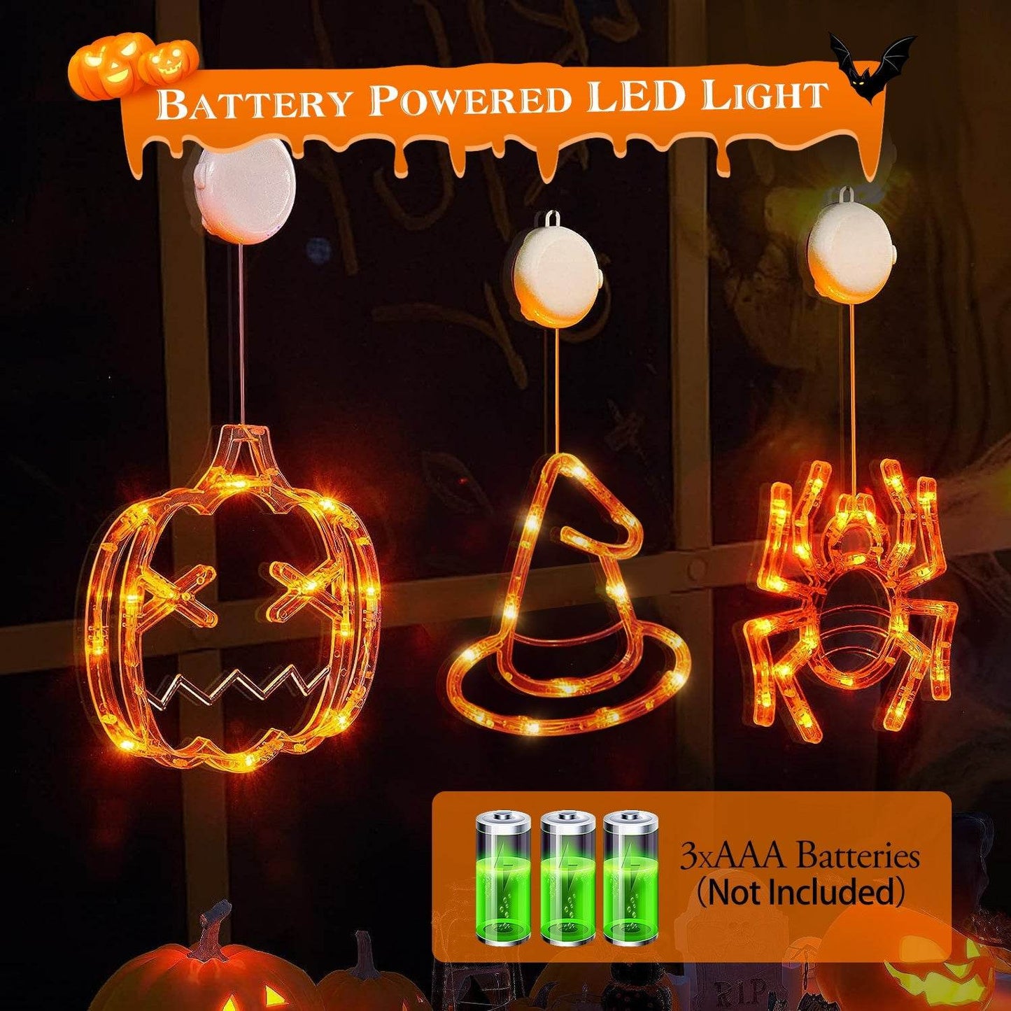 Set Of 3 Pack Halloween Window Light Spider Witch Hat Pumpkin With Orange Light Hanging Halloween Decoration Light With Suction Cup Hanging Holes - www.Shopthatapp.com