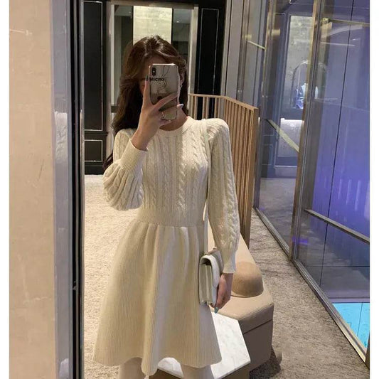 Autumn Winter Knitted Slim Fit Round neck Mini Flared Sweater dress - www.Shopthatapp.com