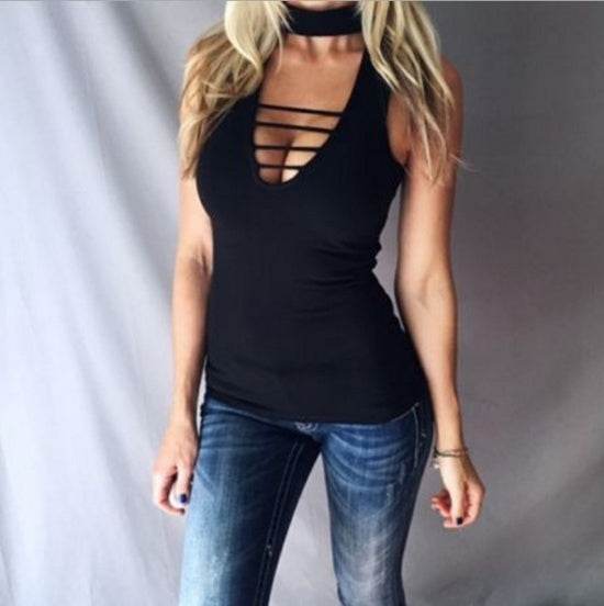 Sexy Tank Women Casual Lace Up Hollow Out V neck Tops - www.Shopthatapp.com