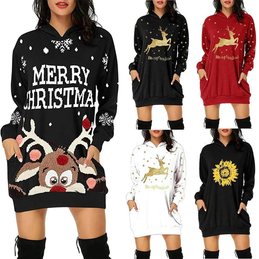 Christmas hot sale printed mid-length pocket hooded long-sleeved sweater - www.Shopthatapp.com