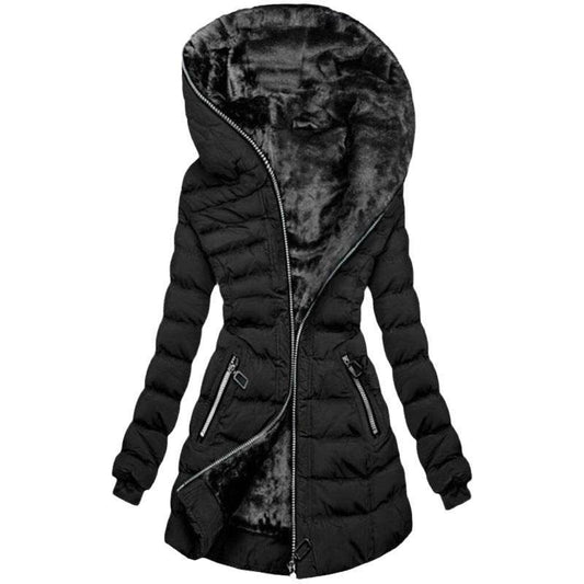 Hooded Warm Fleece Padded Jacket Mid-length Jacket Black Padded Jacket - www.Shopthatapp.com