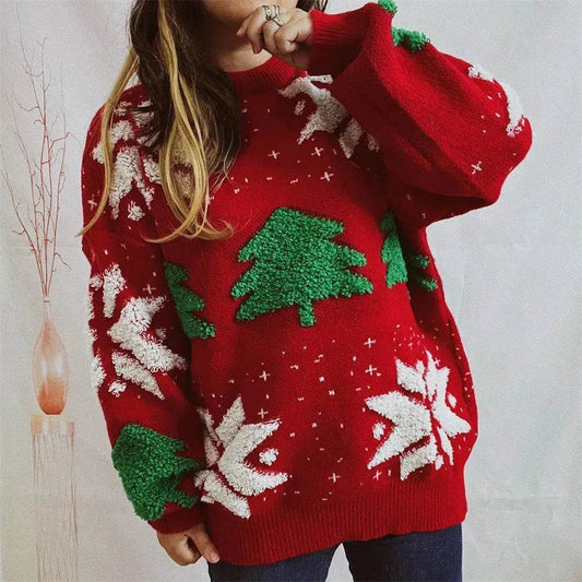 Women's Fashion Christmas Tree Jacquard Round Neck Long Sleeve Pullover Sweater top - www.Shopthatapp.com