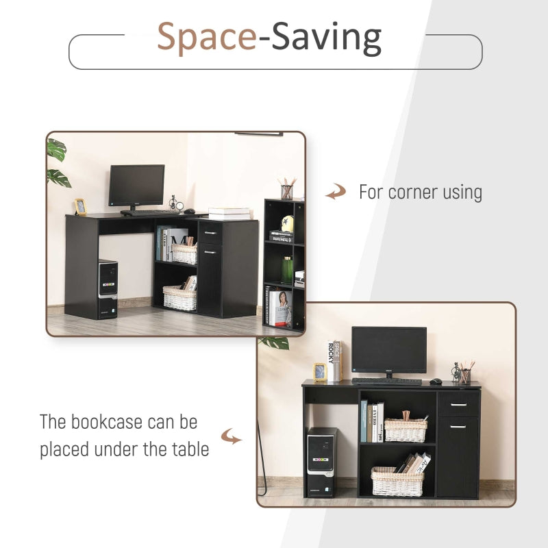 L-Shaped Desk Computer Corner Desk, Adjustable Dining Table with Storage Shelf and Drawer, Workstation for Home Office, Black