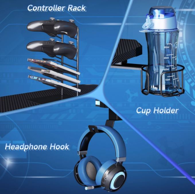 Racing Style LED Gaming Desk Office Desk Computer Table RGB Carbon Fibre Surface Headphone Hook Cup Holder Controller Rack Black - www.Shopthatapp.com