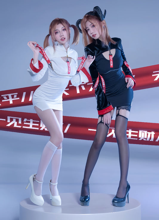 Anime Style Black and White Witch Spandex PU Leather Short Dress with Bust Zipper - www.Shopthatapp.com