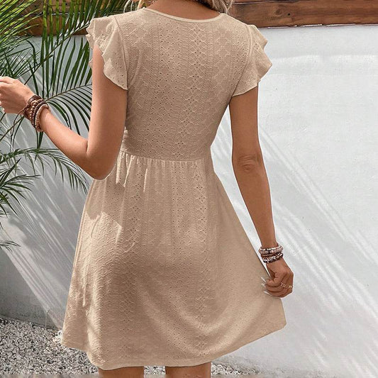 Women's V Neck Lace Mini Dresses Casual Summer Ruffle Sleeve Crochet Sundresses - www.Shopthatapp.com
