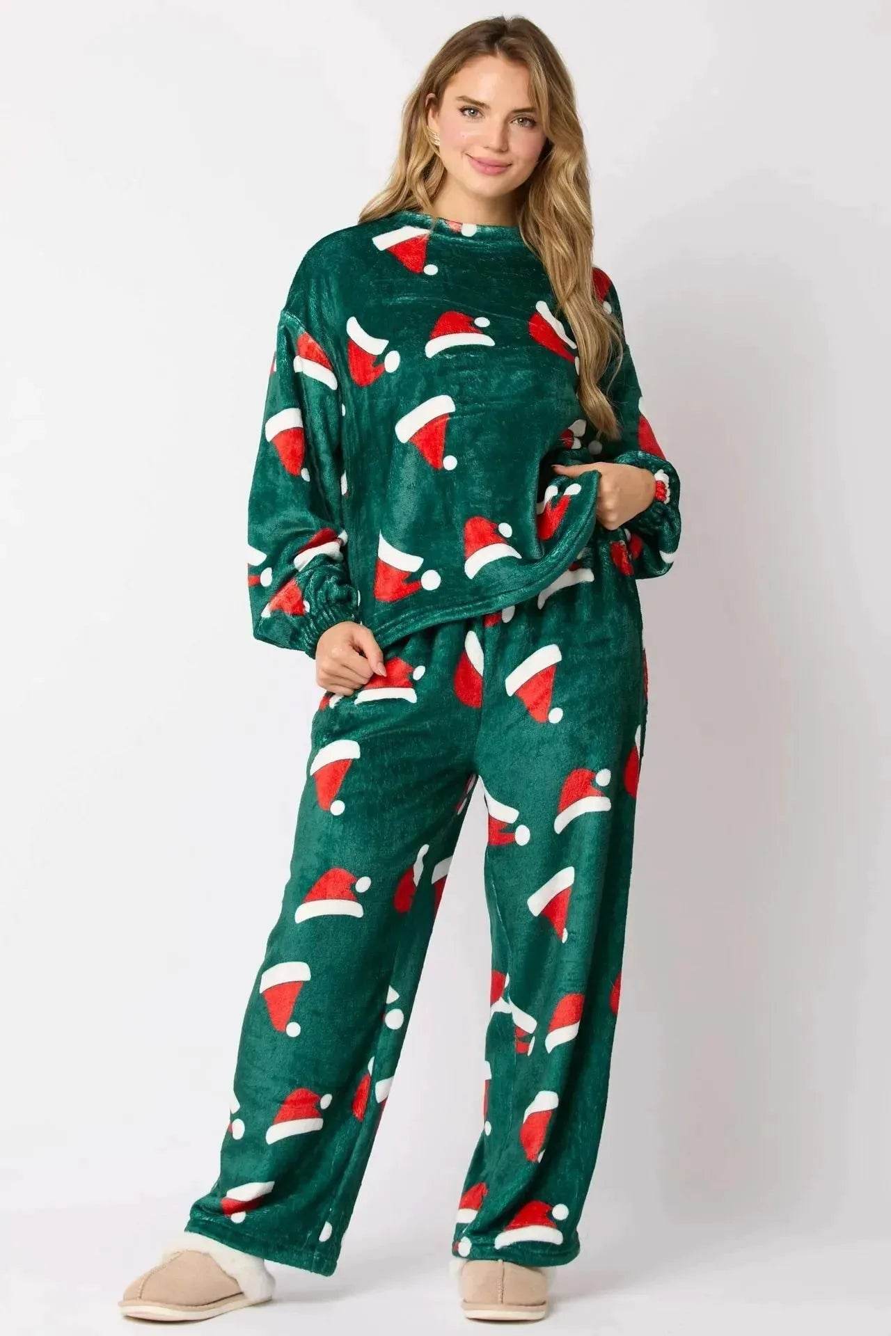 Women's Christmas Hat Pajamas Long Sleeve Trousers Suit - www.Shopthatapp.com
