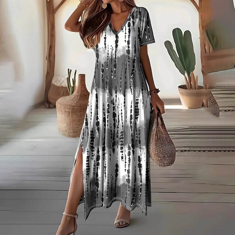 Women's Summer Tie Dye Maxi Dress Short Sleeve V Neck Casual Loose Long Split Dresses - www.Shopthatapp.com