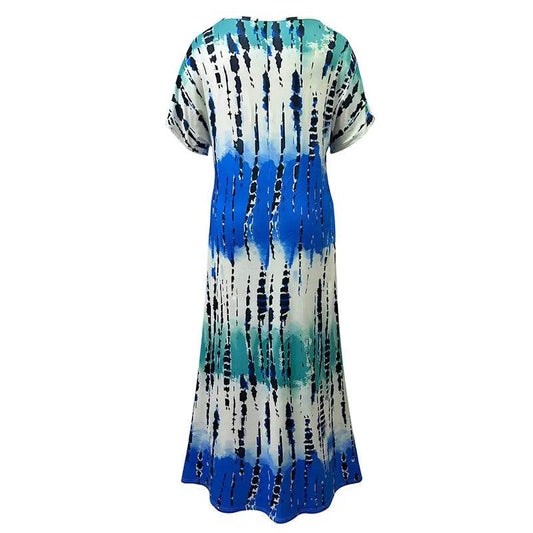 Women's Summer Tie Dye Maxi Dress Short Sleeve V Neck Casual Loose Long Split Dresses - www.Shopthatapp.com