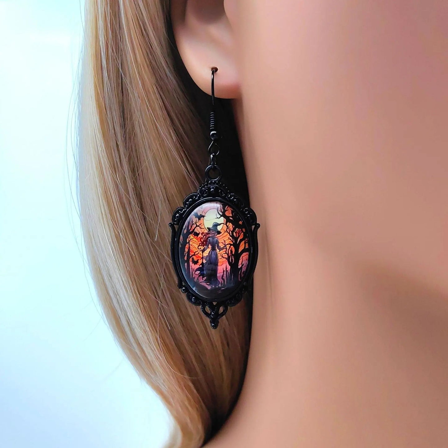 3pcs Vintage Halloween Tree Of Life And Witch Necklace Set With Earrings Alloy Pendant Jewelry - www.Shopthatapp.com