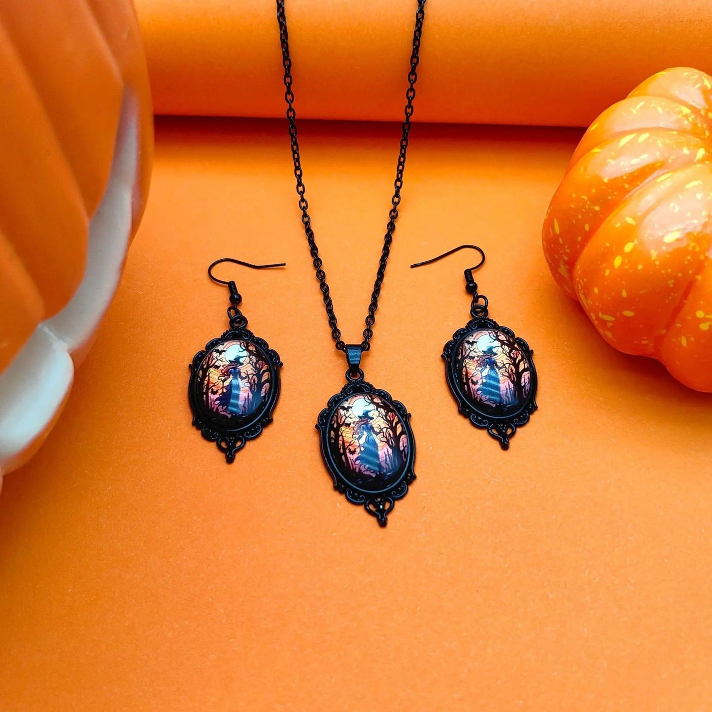 3pcs Vintage Halloween Tree Of Life And Witch Necklace Set With Earrings Alloy Pendant Jewelry - www.Shopthatapp.com
