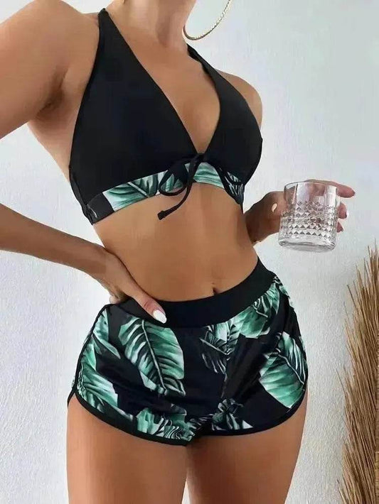 3pcs Leaf Print Bikini With Shorts Fashion Summer Beach Swimsuit Womens Clothing - www.Shopthatapp.com