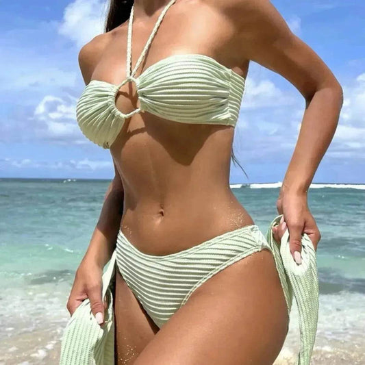 3pcs Solid Color Stripe Swimsuit Charming Summer Beach Bikini Set Womens Clothing - www.Shopthatapp.com