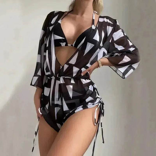 3pcs V-neck Swimsuit Suits Summer Leaf Print Waist-tie Bikini Fashion Long-sleeved Beach Sun-protection Clothing Womens - www.Shopthatapp.com