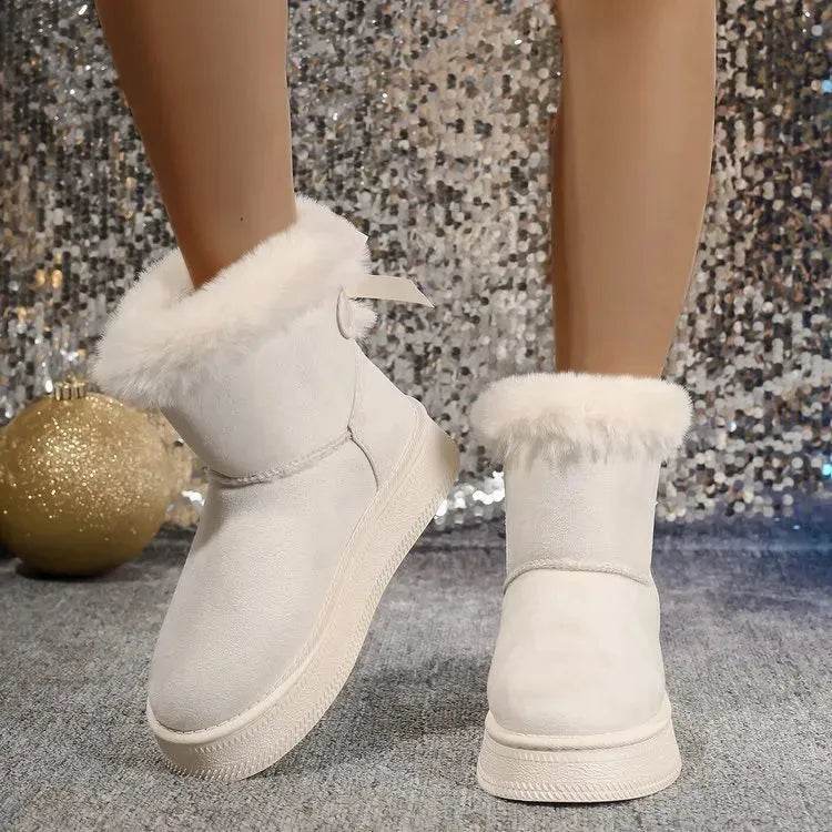 Winter Snow Boots With Bowknot Fashion Round Toe Flat Thickened Suede Cotton Shoes For Women Casual Warm Plush Short Boot - www.Shopthatapp.com