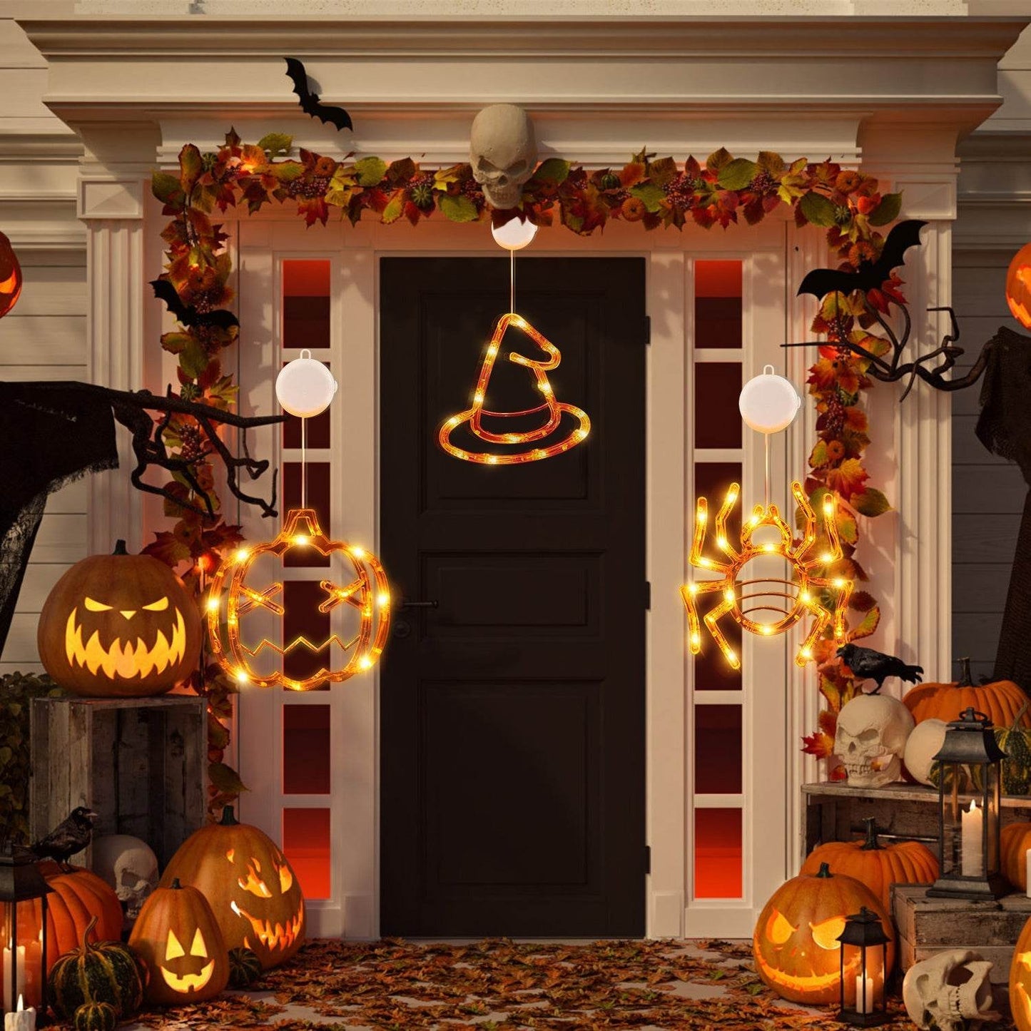 Set Of 3 Pack Halloween Window Light Spider Witch Hat Pumpkin With Orange Light Hanging Halloween Decoration Light With Suction Cup Hanging Holes - www.Shopthatapp.com