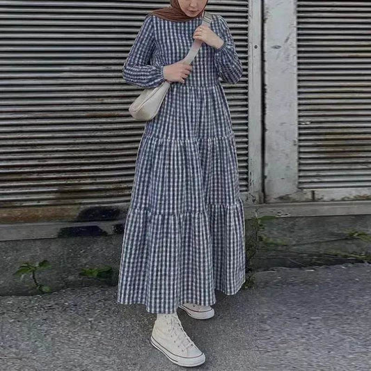 Middle East Plaid Long Sleeve Elastic Sleeve Round Neck Loose Waist Casual Dress Checked Casual dress for Arabfor Women - www.Shopthatapp.com