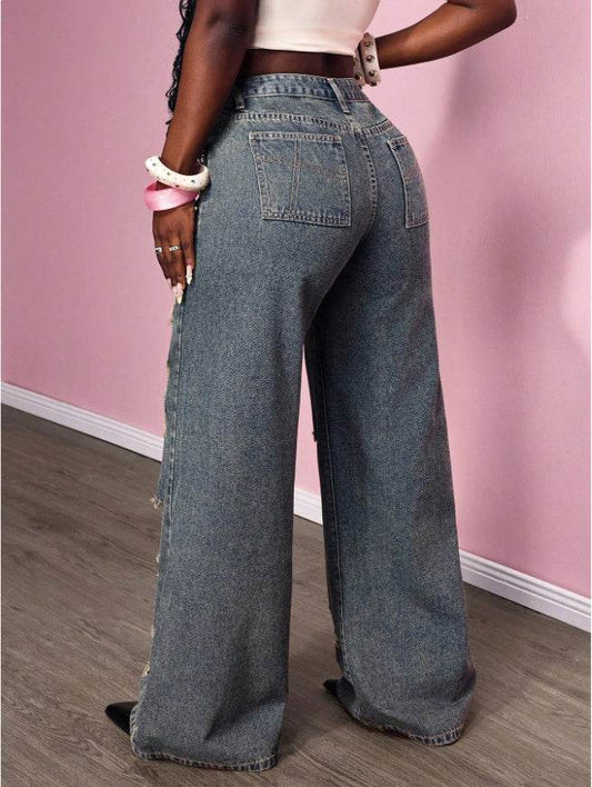Women's Retro Distressed Kimchi Wide-leg Jeans - www.Shopthatapp.com