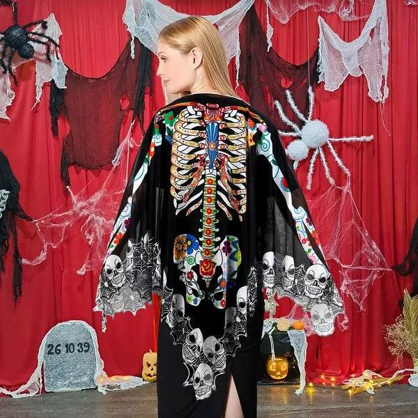 Halloween Skeleton Poncho, Lace Skeleton Halloween Costume Poncho Day Of The Dead Poncho For Women - www.Shopthatapp.com