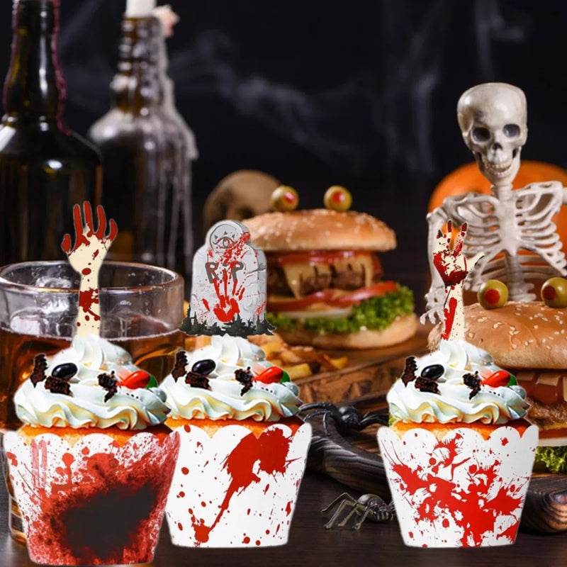 48Pcs Halloween Cupcake Toppers Wrappers Rip Kit Bloody Zombie Hand Cupcake Pick Decorations For Halloween Horror Movie Bloody Theme Birthday Party Cake Decorations Supplies - www.Shopthatapp.com #