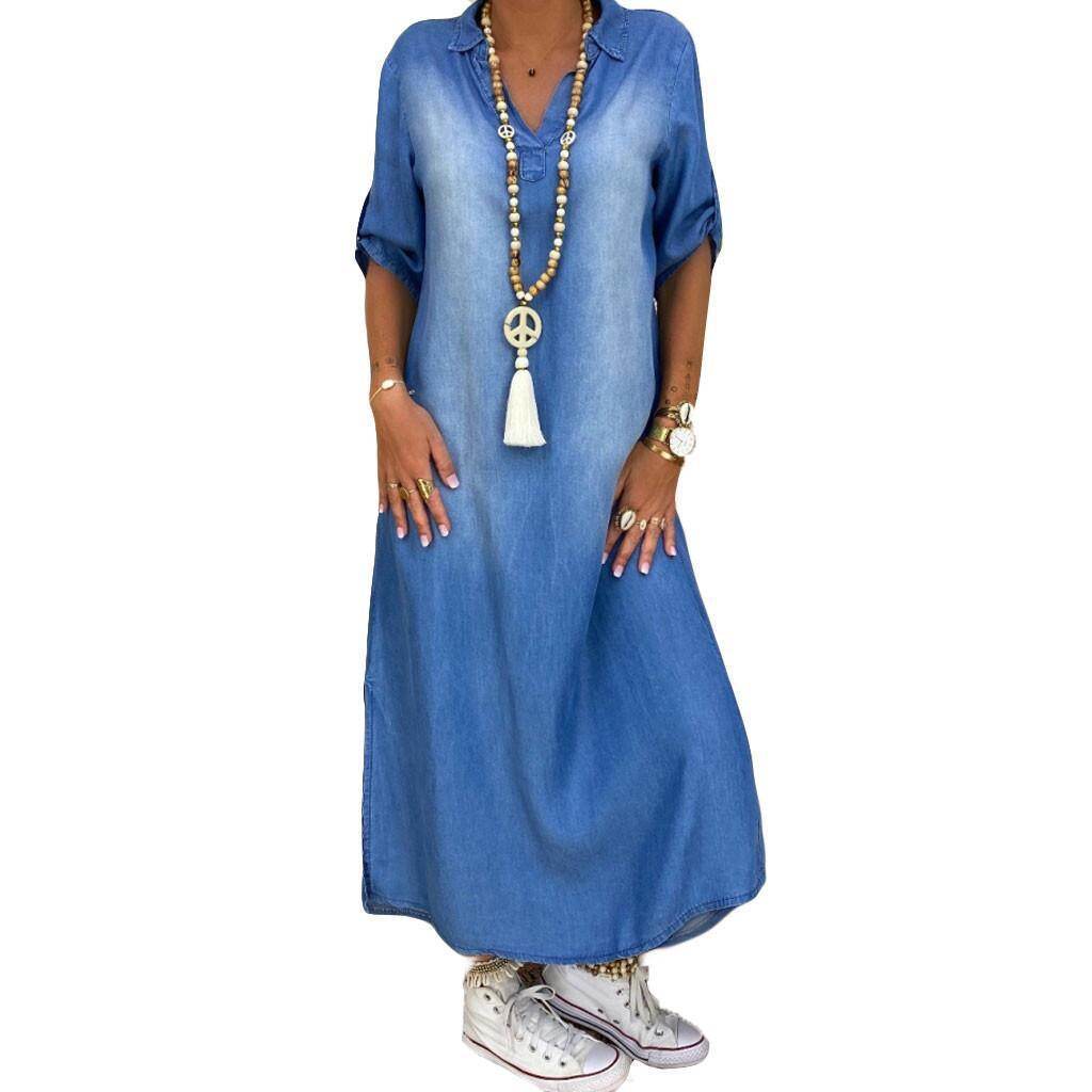 New washed denim dress Side Split Loose Mum Long Jeans Dress - www.Shopthatapp.com