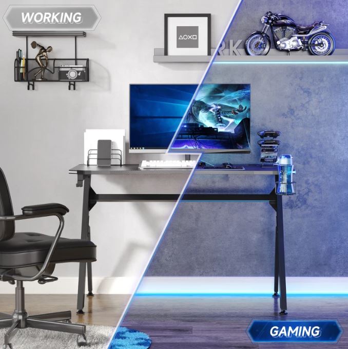 Racing Style LED Gaming Desk Office Desk Computer Table RGB Carbon Fibre Surface Headphone Hook Cup Holder Controller Rack Black - www.Shopthatapp.com