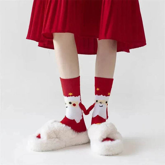 Christmas Magnetic Socks Cute Elk Santa Claus Snowman Hand-holding Socks For Couple - www.Shopthatapp.com