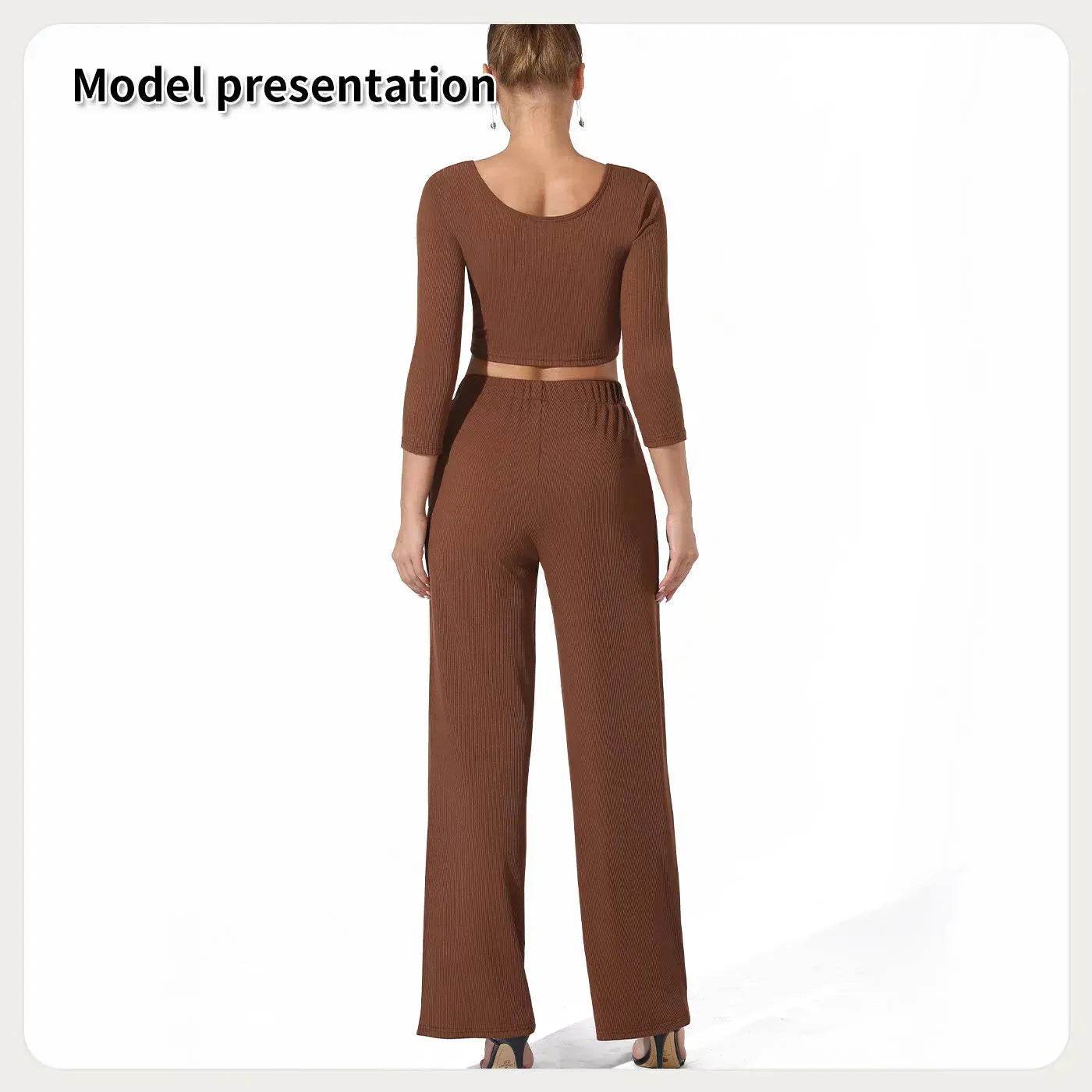 Women Fashion Casual Matching 2pcs set Long Sleeve Crop top and Pant set - www.Shopthatapp.com
