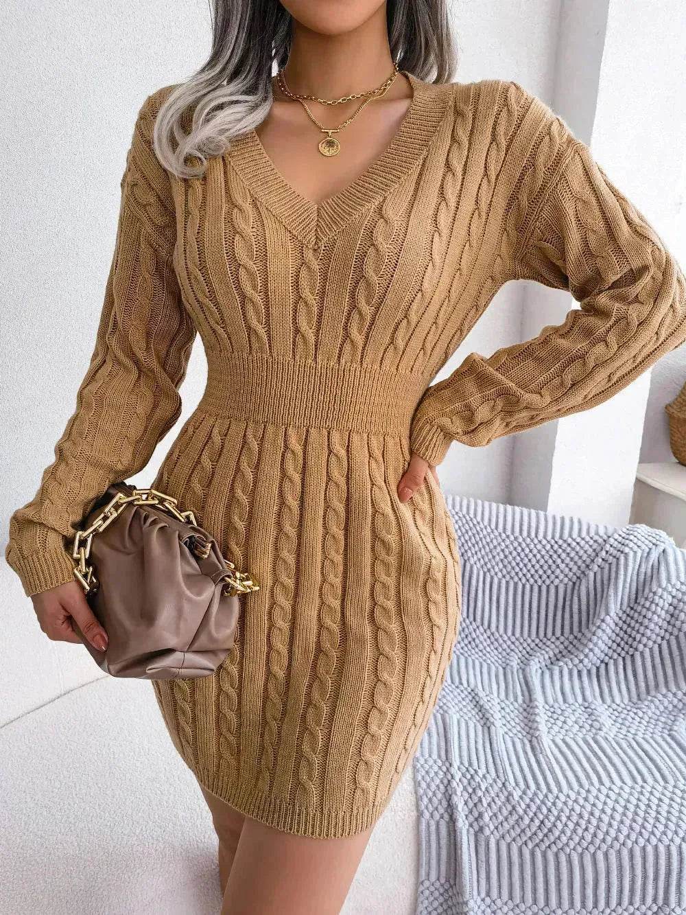 Solid Color V-Neck Long Sleeve Slim fit Winter Knit Mini sweater Dress Slim - www.Shopthatapp.com