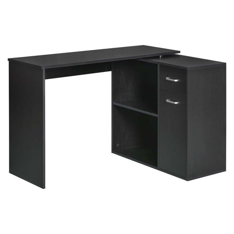 L-Shaped Desk Computer Corner Desk, Adjustable Dining Table with Storage Shelf and Drawer, Workstation for Home Office, Black - www.Shopthatapp.com