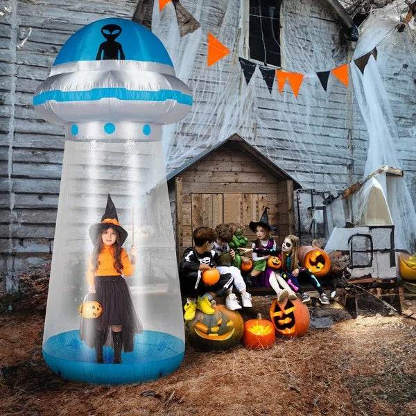 8.8 FT Halloween Inflatable UFO Yard Decoration, Fun Tall Blow Up Yard Decor With Built-in LED Lights And Stand Inside Design For Holiday Party Yard Lawn Garden Decor Indoor Outdoor - www.Shopthatapp.com