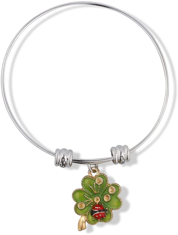 Four Leaf Clover Green with Ladybug and Gold Coloured Water Drops Fancy Charm Bangle - www.Shopthatapp.com