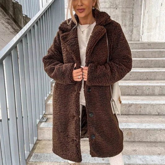 Buy Women's Long-sleeved Lapel Plush Fleece sherpa button Long Winter Overcoat - www.Shopthatapp.com