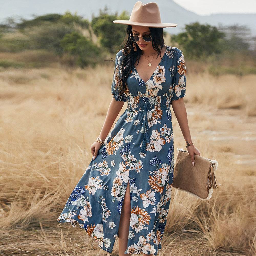 Floral Summer Beach Dress With V Neck Elastic Waist Dresses For Women - www.Shopthatapp.com