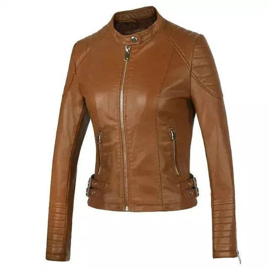 Ladies Fall and Winter Slim fit Leather Jacket Biker Jacket Women - www.Shopthatapp.com