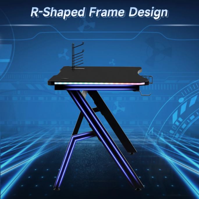 Racing Style LED Gaming Desk Office Desk Computer Table RGB Carbon Fibre Surface Headphone Hook Cup Holder Controller Rack Black - www.Shopthatapp.com