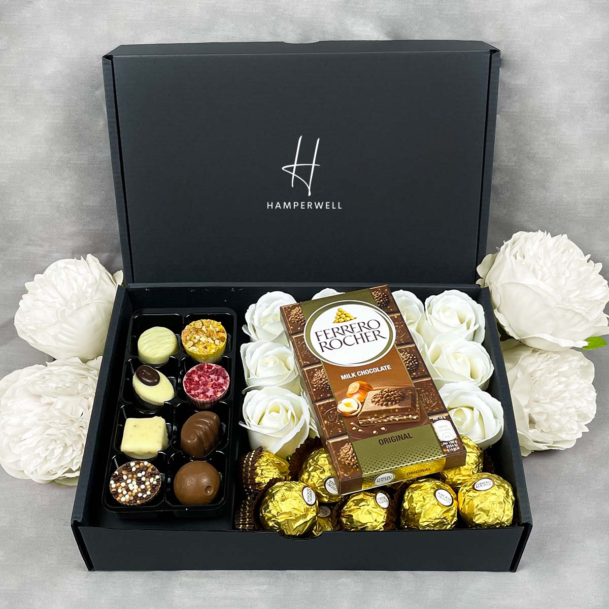Ferrero Rocher Ultimate Gift Hamper With Ivory Roses-Food and beverage-www.Shopthatapp.com-HamperWell
