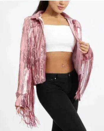 Women Fashion Long sleeve Tassel Sequin top jacket Y2K cropped jacket - www.Shopthatapp.com