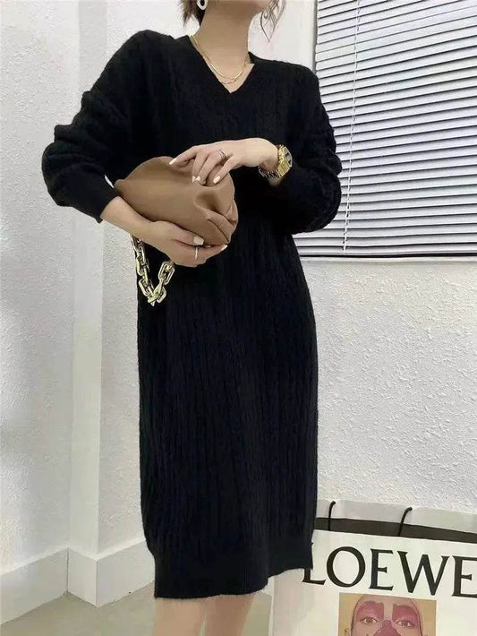 Autumn Winter Knitted V-neck Long Sweater Dress - www.Shopthatapp.com