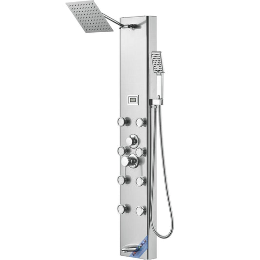 Shower Panel System, 5 Shower Modes, Digital Display Shower Panel Tower, Rainfall, 8 Massage Jets, Tub Spout, 3-Setting Handheld Shower Head 59 Hose, Stainless Steel Wall-Mounted Shower Set - www.Shopthatapp.com