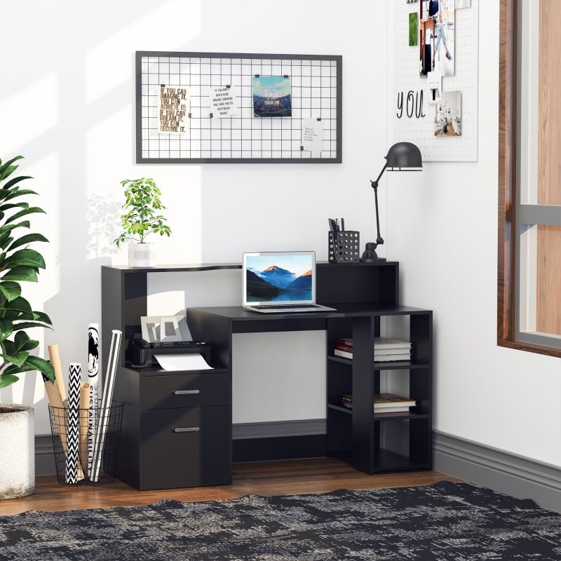Modern Computer Desk with Drawers and Storage Shelves, Study Workstation, Writing Desk with Printer Stand for Home Office, Black - www.Shopthatapp.com