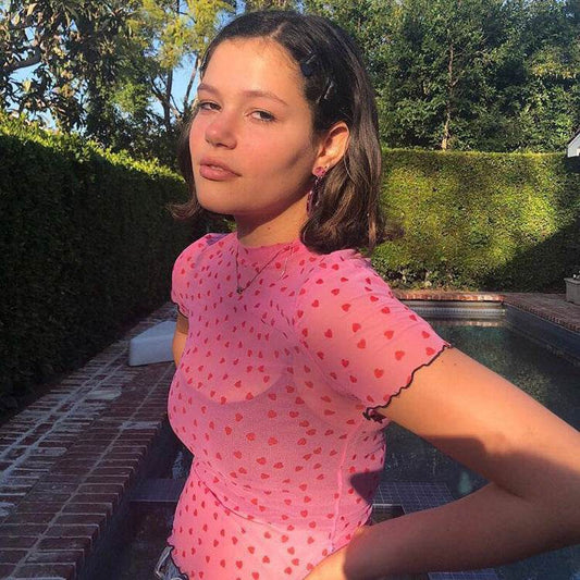 Nibber new Women Heart-shaped Print Pink see-through Tops Tee summer fashion wild Elastic Slim Soft O-Neck short sleeve Tank top - www.Shopthatapp.com