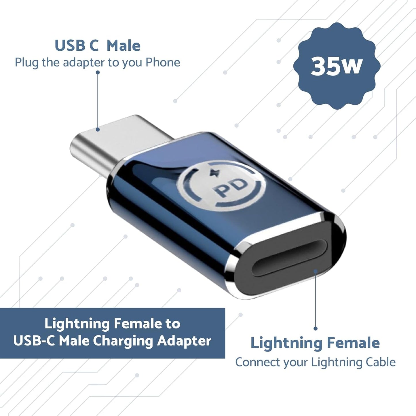 Adaptateur iOS vers USB C 35 W PD Charge ultra rapide pour iPhone avec port d'alimentation USB C