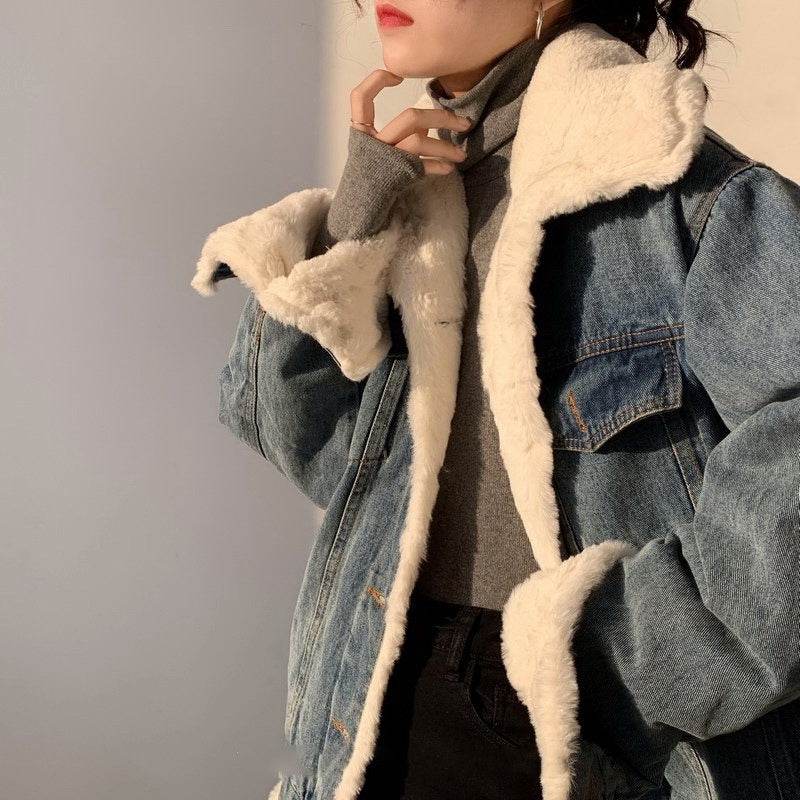 Plush Thick Lamb Wool Denim Jacket Women Short - www.Shopthatapp.com