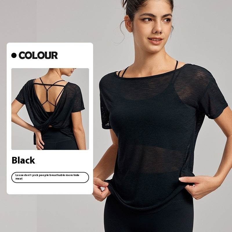 Draping Flab Hiding Yoga Clothes Blouse Sexy Beauty Back Mesh Workout Top - www.Shopthatapp.com