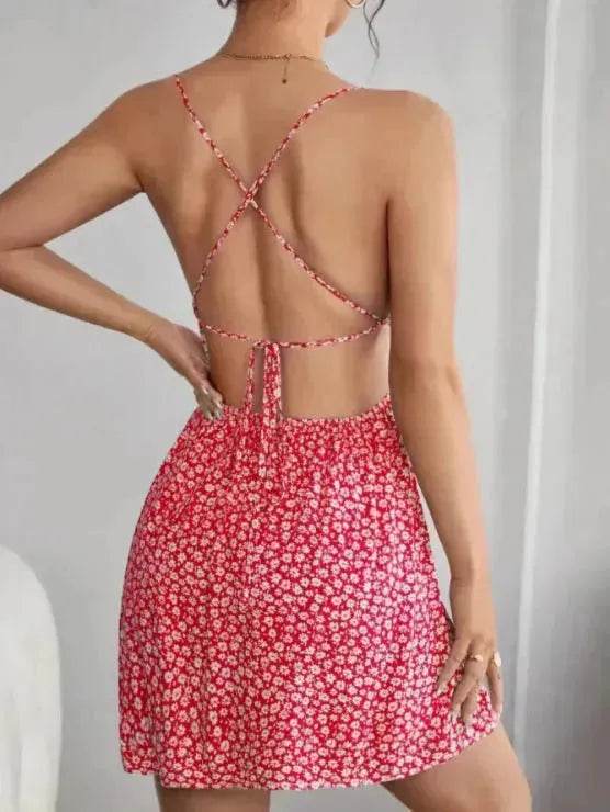 Women Fashion Printed Casual Spaghetti Strap Backless Mini Skater Dress - www.Shopthatapp.com